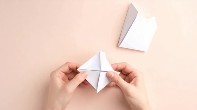 Hands folding white paper into an origami fortune teller on a peach background