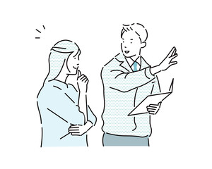 Fototapeta premium 男性と女性ー作業服を着たビジネスマンが見積もりをお客に見せているイラストー営業ー契約ープランー投資