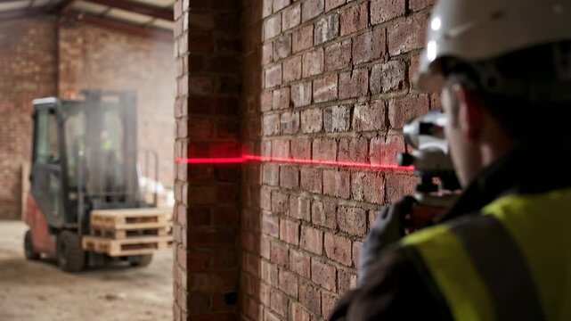 A worker in a safety vest and hard hat uses a laser level to align equipment on a construction site. industrial and construction themes in commercial projects