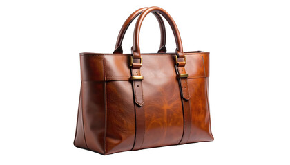 Naklejka premium Luxury brown leather handbag with gold accessories on a clean background