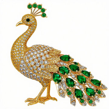 Elegant peacock brooch with green emeralds and sparkling diamonds in luxurious style for jewelry and fashion themes [with copy space]
