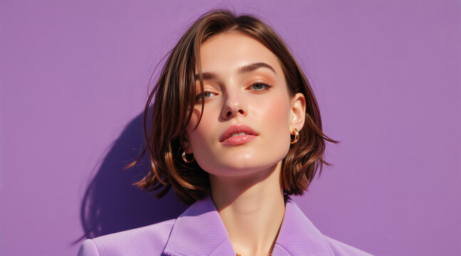 Stylish woman in a purple blazer and gold hoop earrings. Female fashion model with a bob hairstyle posing in a studio. Monochromatic violet color theme