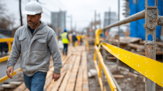 Workers on construction site. Workers are carrying out construction tasks on a city street during the day near buildings and safety barriers.