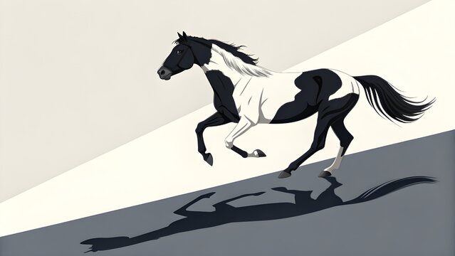 ast Galloping Black and White Horse Casting Shadow, Dynamic Equestrian Motion, Powerful Stallion Running, Silhouette of Horse in Action, High-Speed Horse Photography