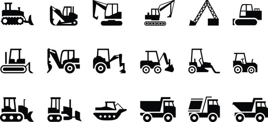 Minimal construction machinery silhouette icon set featuring excavator, bulldozer, crane, loader, and dump truck isolated on white background for industrial design projects © Biplob Creatives
