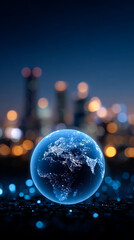 City lights glow at night. A globe sits on a surface with city lights in the background during the night. The world is displayed clearly.