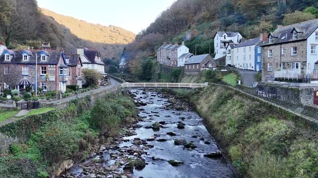 Aerial view over Lynmouth from a drone 4K video