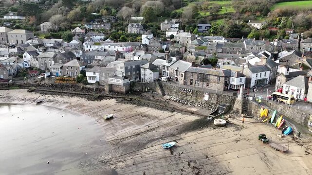 Aerial view Over Mousehole Harbour In Cornwall, UK.