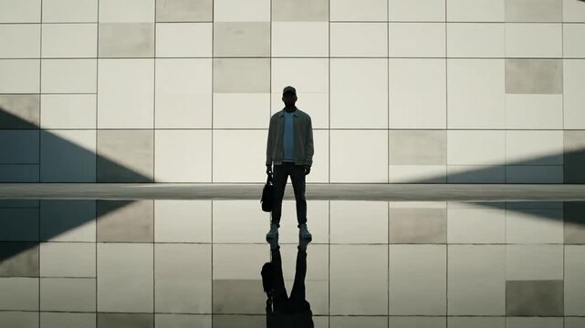 Man looks at wall reflection.