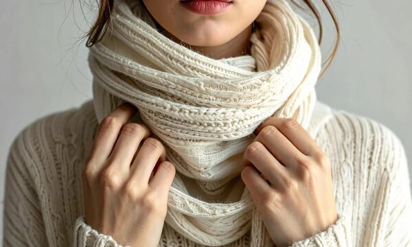 Woman in cozy cream knitted sweater and warm scarf for winter comfort