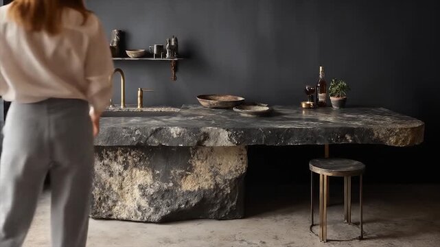 Unique kitchen interior featuring stone island and golden tap