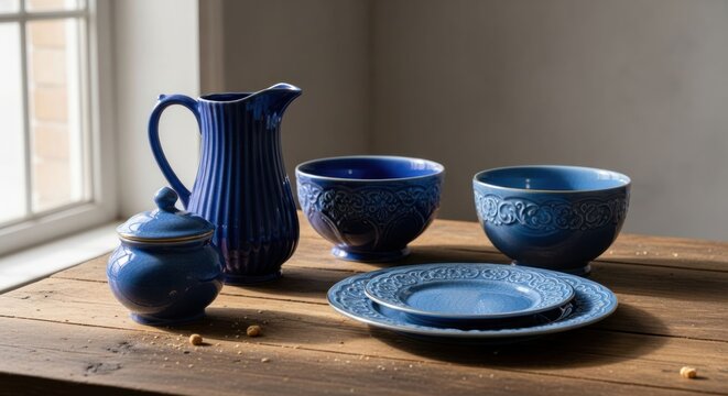 Elegant blue pottery set on rustic wooden table, natural light