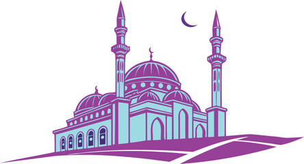 Stylized illustration of a mosque with domes and minarets in turquoise and purple, set against a white background with a crescent moon, representing Islamic architecture and culture. © Rehan