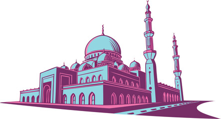 Turquoise and purple illustration of a grand mosque with multiple domes and tall minarets, set on a colored landscape with a road, evoking a sense of Islamic splendor and travel. © Rehan