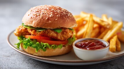 Fried chicken burger with tomato, lettuce, and sesame seed bun, served on a plate with french fries and ketchup. Delicious fast food meal concept.