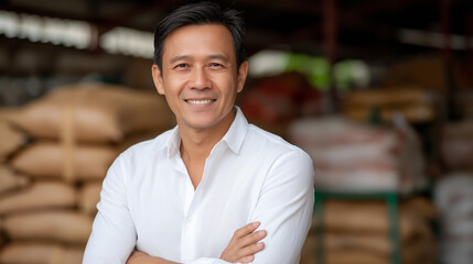 Fototapeta premium Portrait of Small and Medium Enterprises SME business owner in rice mill warehouse, agricultural industry entrepreneur, grain processing proprietor, food production professional, d