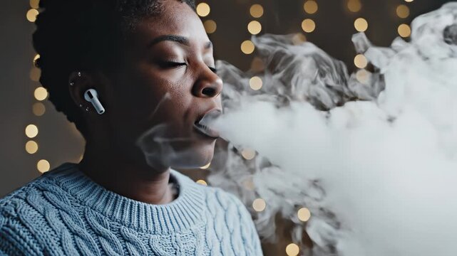 Woman using vape device indoors