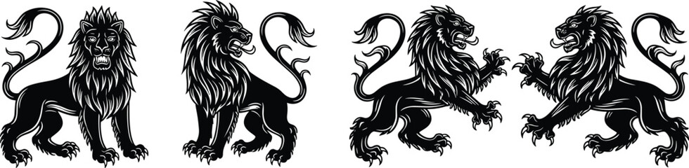 Heraldic lion vector illustration set, emblematic animal artwork, decorative medieval motif, symbolic strength courage design, abstract noble pattern © MstAlea