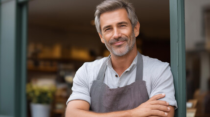 Fototapeta premium Proud coffee shop owner standing in front of cozy cafe, confident entrepreneur, small business proprietor, hospitality industry professional, welcoming presence, defocused storefro