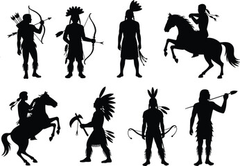 Obraz premium Native American warrior silhouettes vector illustration, tribal archers, horse riders and indigenous characters isolated on white background, historical culture icon set