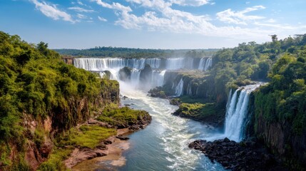 Breathtaking view of a powerful waterfall system plunging into a river, surrounded by lush green jungle and blue sky. Natural wonder concept.
