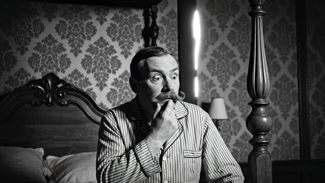 Man in pajamas with question mark above head