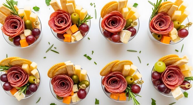Elegant Charcuterie Cups, individual gourmet appetizer servings, savory cheese and meat boards, sophisticated party food