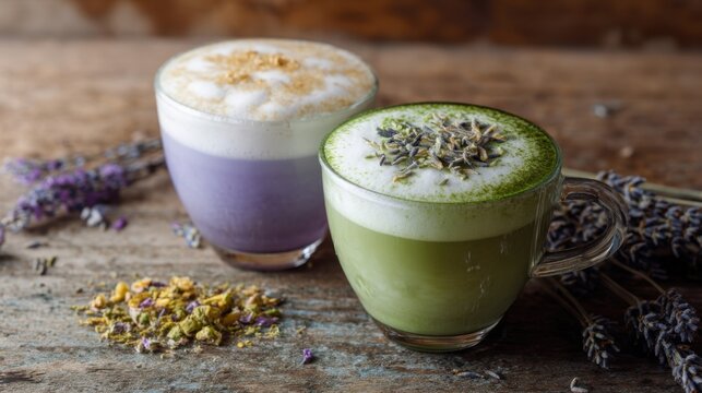 Green matcha latte and purple ube latte on wooden table with lavender. Trendy beverages for cafe menu or healthy lifestyle blog.