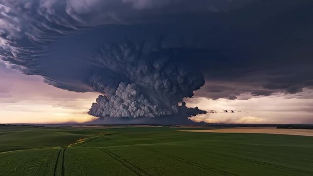 Storm cloud over green fields