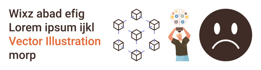 Fototapeta premium Technology, blockchain, emotions, idea sharing, innovation, mood . Hexagonal cubes in a network, a person holding symbolic icons and a sad face emotion. Technology and emotions concept