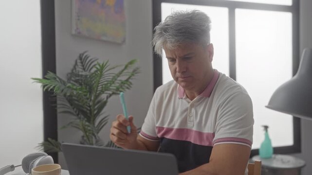 Man holding pen to chin while working on laptop at a desk in a home studio with plant, mug, headphones and lamp visible; pensive focus.
