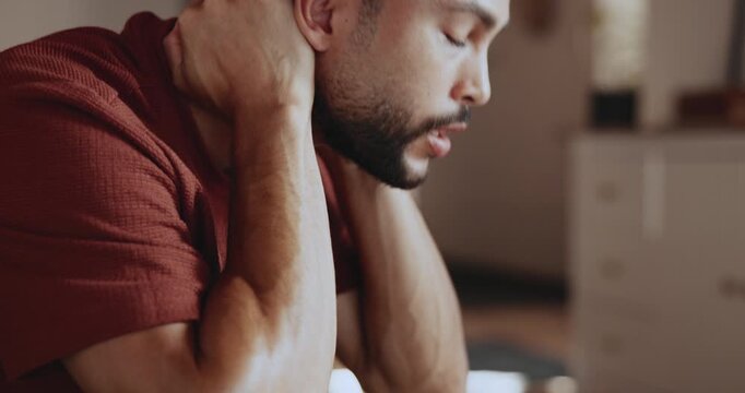 House, stress and man in lounge with anxiety, pressure and overwhelmed by mental health tension. Apartment, emotion or person with depression, tired or frustrated with fatigue, burnout or exhausted