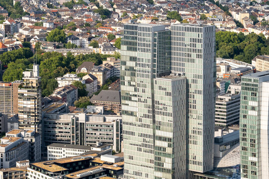 Aerial city skyline of Frankfurt Germany featuring modern skyscraper architecture and office towers for business and corporate work