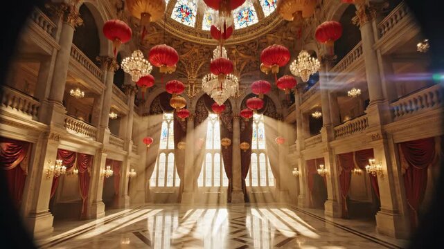 Grand Ballroom Interior with Ornate Architecture and Dramatic Lighting.