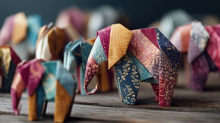 Colorful origami elephant on rustic wood table. Creative paper craft artwork for decoration and hobby concept. Miniature animal art.