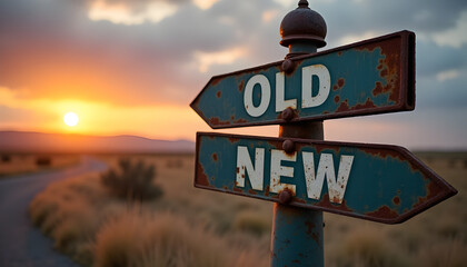 Old versus new direction signpost at sunset for business strategy and change concept
