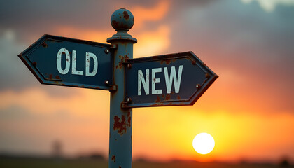 Old versus new direction signpost at sunset for business strategy and change concept