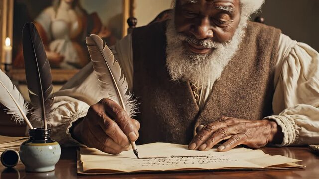Old man writing with quill pen