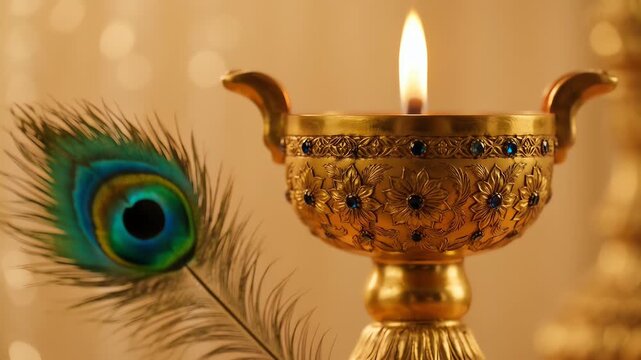 Golden oil lamp burning beside peacock feather with warm blurred background for lord murugan worship and hindu festival celebration