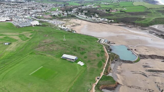 Crooklets Beach , Cornwall, United kingdom &ndash; November 16, 2024: people at Crooklets Beach Cornwall, Aerial View 4K Drone Video