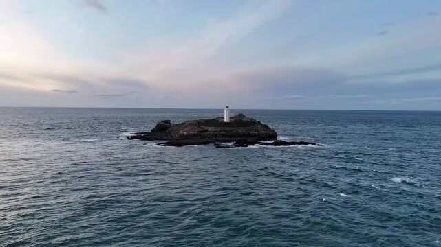 Aerial view of Godrevy Lighthouse In Cornwall, UK.