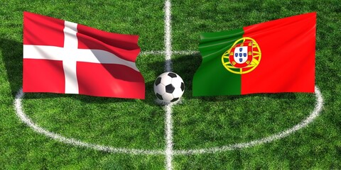 Denmark and Portugal flags on soccer field with ball for football match banner © NS-Mystic