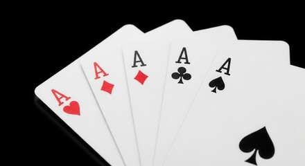 Multiple playing cards showing the ace rank fanned out against a dark background