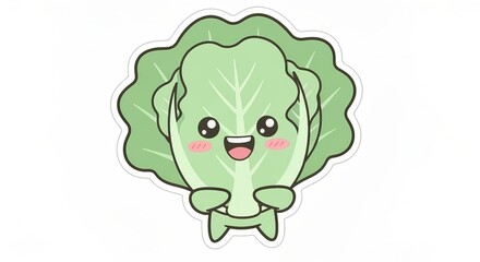 Fototapeta premium A cute kawaii romaine lettuce character sticker with a happy face on a white background.