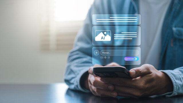 Man Holding Smartphone Using AI Prompt Input Interface to Generate Image Content via Mobile Application, Representing Future of Creativity, Technology, and Generative Artificial Intelligence Tools