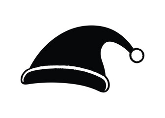 Black santa hat icon with white trim and pom pom on a white background for christmas or holiday designs