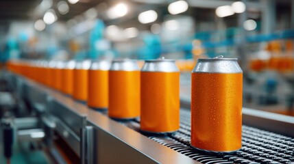Line of orange drink cans with water droplets on a conveyor belt in a beverage factory. Industrial production of refreshing carbonated soda.