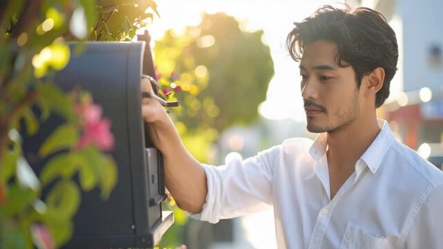 Handsome young man opening mailbox to check for mail on a sunny day