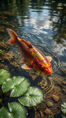 Vibrant koi fish swims near water lilies in serene pond with clear water