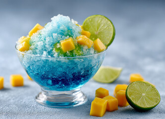 マンゴーとライムを添えた青いかき氷